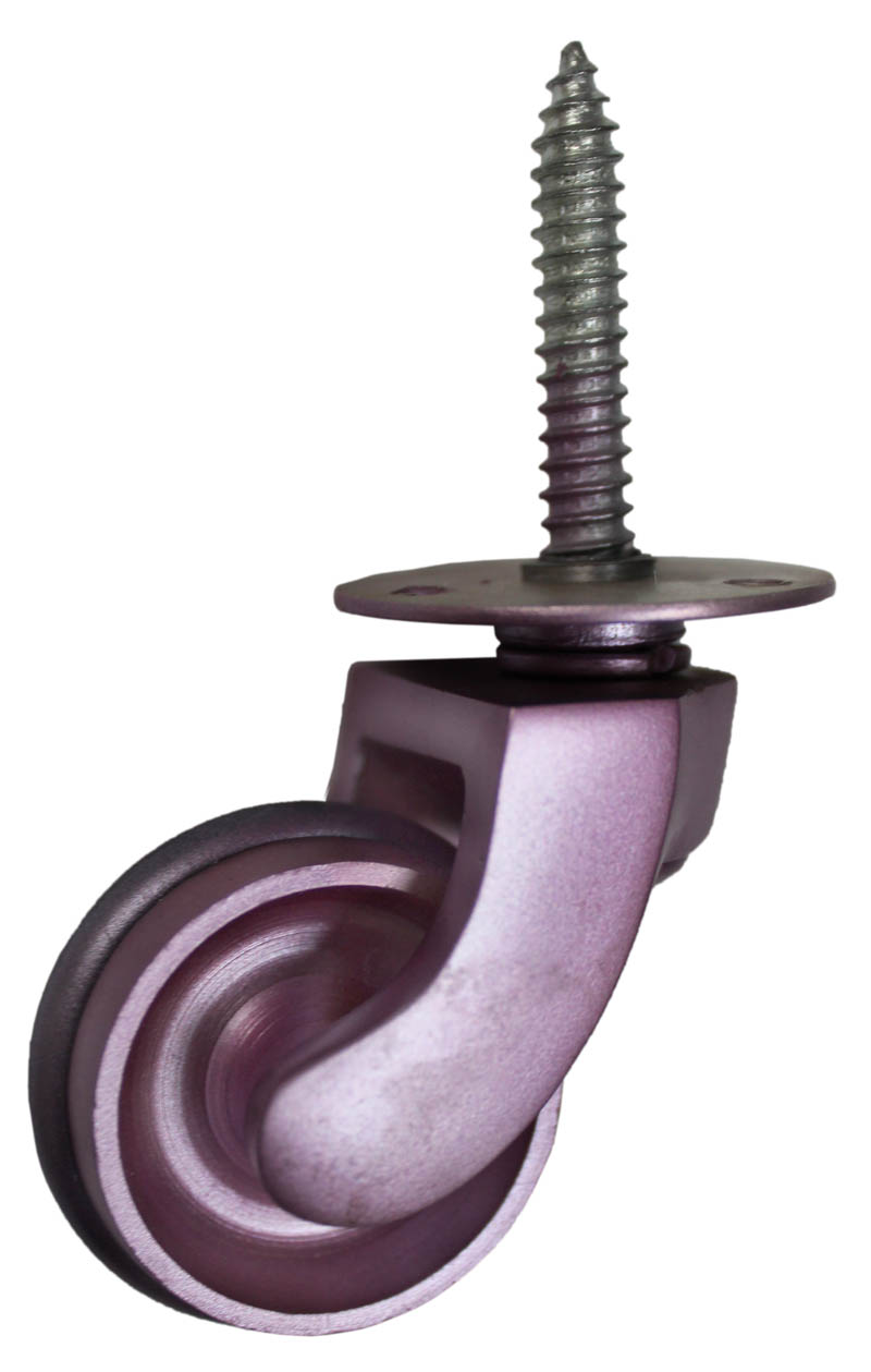 Pink Brass Castor Screw Plate with Rubber Tyre - 1 1/4 Inch (32mm) - Including Screws
